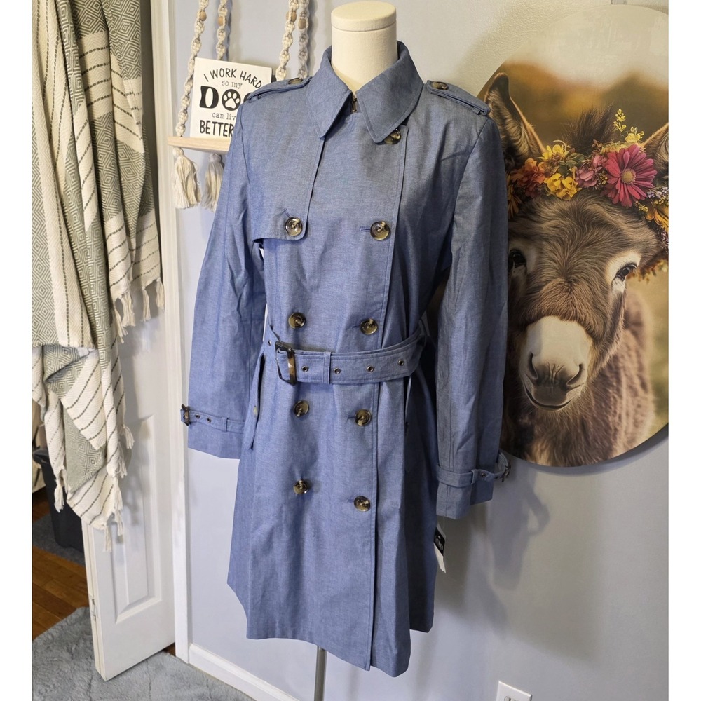 Lauren Ralph Lauren Belted Double Breasted Trench Coat Small Chambray Agate Blue